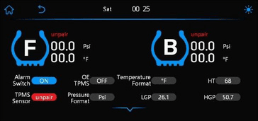 Menu TPMS do C6 com pressão e temperatura dos pneus dianteiro e traseiro