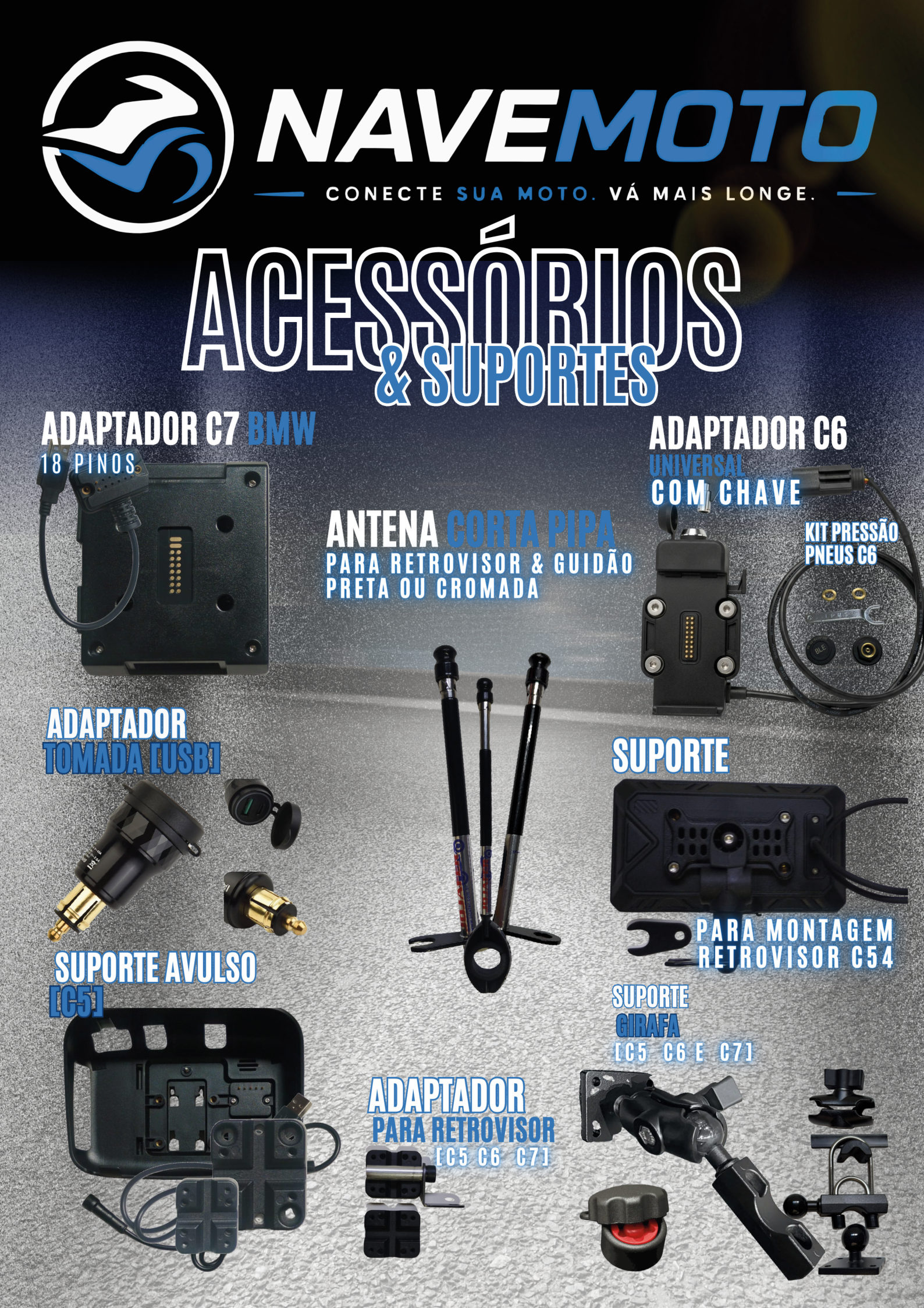 Revista NAVEMOTO, página 7 de 8: Acessórios e suportes — adaptadores, antenas e kits